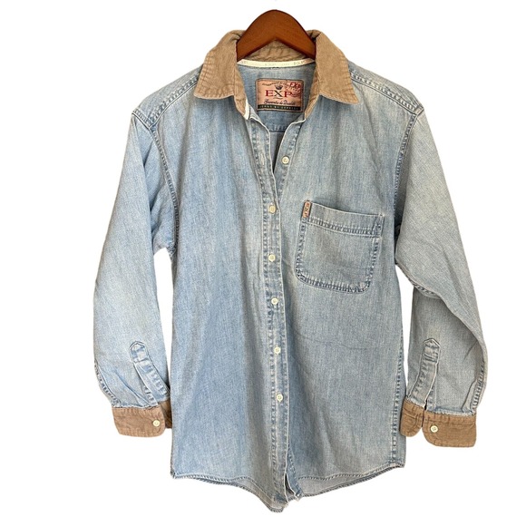 Vintage Express Button Up Jean Shacket 90s Faded Corduroy Lightweight Large - Picture 1 of 9
